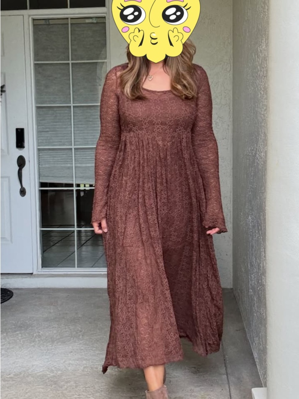 Women's Brown Lace Maxi Dress with Long Sleeves